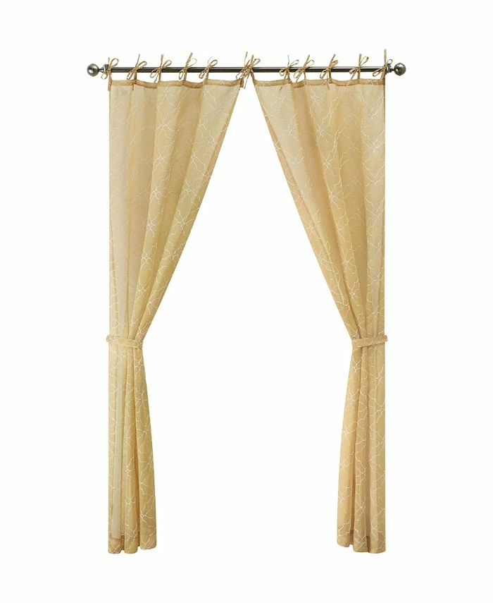 Jessica Simpson Nora Embroidery Sheer Tie Top Window Curtain Panel Pair With Tiebacks, 38 X 84